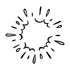 Vector freehand illustration of blots, rays, sunburst. Abstract, hand drawn element, round frame, isolated on white background.