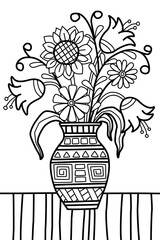 Coloring page with bouquet of flowers in a vase. Vector illustration. Antistress, meditation for kids and adults