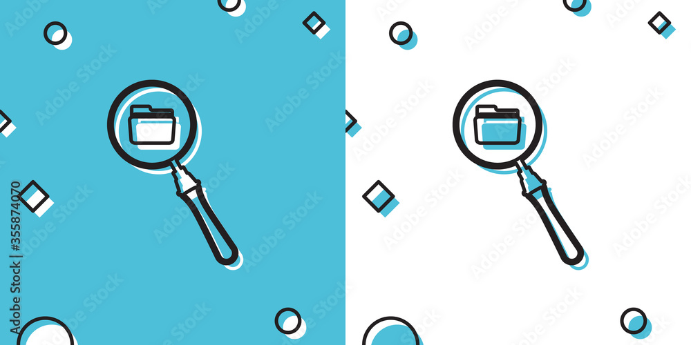 Poster black search concept with folder icon isolated on blue and white background. magnifying glass and do