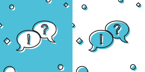 Black Speech bubbles with Question and Exclamation marks icon on blue and white background. FAQ sign. Copy files, chat speech bubble and chart web icons. Random dynamic shapes. Vector Illustration