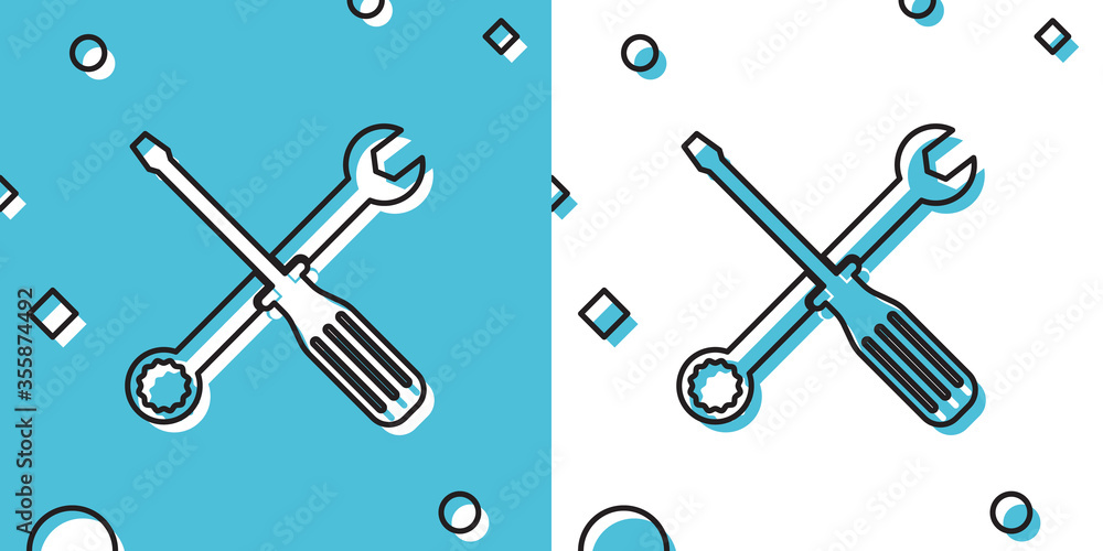 Poster black spanner and screwdriver tools icon isolated on blue and white background. service tool symbol.