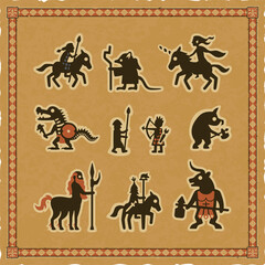 Set of Medieval Fantasy Icons with multiple role-playing game and Middle Ages character silhouettes on a square parchment background with an ornate frame.