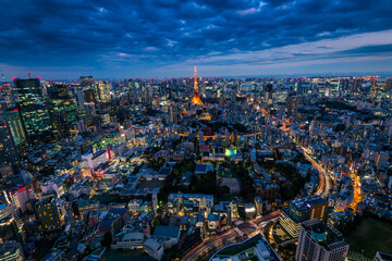 Fototapeta na wymiar Spectacular Night View of Tokyo City and skyscrapers