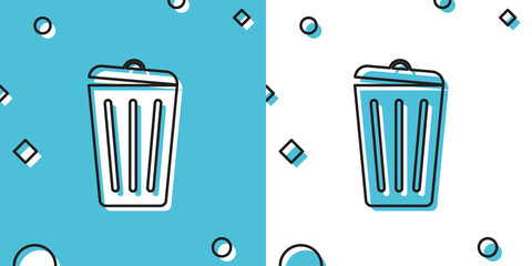 Black Trash can icon isolated on blue and white background. Garbage bin sign. Recycle basket icon. Office trash icon. Random dynamic shapes. Vector Illustration