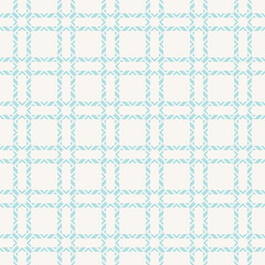 Subtle ornamental grid texture. Vector seamless pattern with square net, lattice, mesh, grill. Elegant light blue and white background in oriental style. Simple Asian ornament. Repeat design