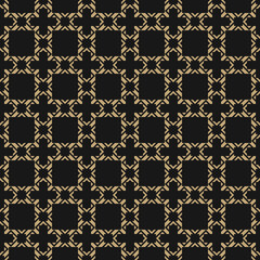 Golden vector abstract geometric seamless pattern in oriental style. Gold and black background. Elegant Asian ornament. Luxury graphic texture with square grid, lattice, net, crosses. Repeat design