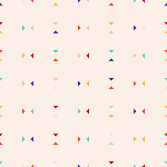 Vector minimalist seamless pattern. Subtle geometric background with small colorful triangles on beige backdrop. Simple abstract minimal texture. Funky style. Modern design for decor, print, textile