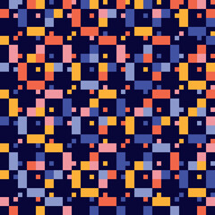 Vector geometric seamless pattern with small colorful squares on black background. Pixel art. Cute funky texture. Simple abstract multicolor background. Modern repeat design for decor, print, web