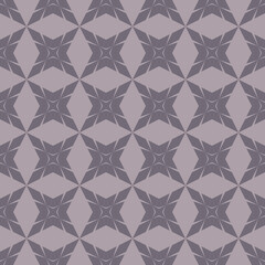 Vector geometric seamless pattern with star shapes, crosses, diamonds, rhombuses, grid, net, lattice. Simple geometrical background texture in lilac color. Stylish modern ornament. Repeatable design