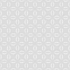Vector seamless pattern with tiny dots. Subtle light gray geometric texture with dotted halftone crosses, small floral silhouettes, stars, grid. Abstract minimal background. Simple repeat design