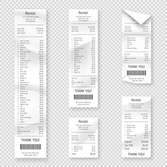 Obraz premium Set of paper receipts isolated on background. Realistic paper receipt, check and payment bill printed on rolled and curved thermal paper. Vector receipt