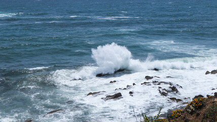 wave breaks on a rock and splashes along the shore
