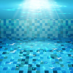 Swimming pool with blue water, ripples and highlights. Texture of water surface and tiled bottom. Overhead view. Summer background.
