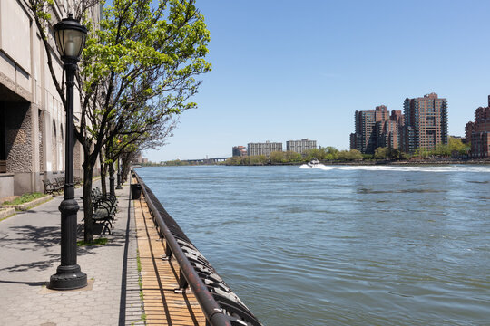 Empty Riverfront along the East River on the Upper East Side of New York City