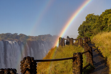 Victoria falls from the Zambia side with double rainbow