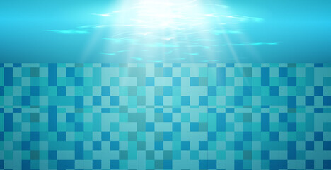 Fototapeta na wymiar Swimming pool with blue water, ripples and highlights. Texture of water surface and tiled bottom. Overhead view. Summer background. 