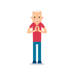 Elderly man standing and makes greeting with his hands together to prevent transmission of viruses. Isolated vector illustration in flat style on white background. Namaste of european man