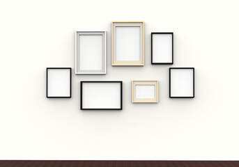 frame, blank, wall, picture, empty, gallery, photo, white, art, isolated, museum, exhibition, interior,  wood, design, image, decoration, 3d, space, room, display, collection, photography, frames