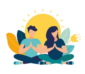 Vector illustration. yoga health benefits of the body, mind and emotions, a pregnant woman with her partner in a yoga pose meditate. preparing parents for childbirth. 