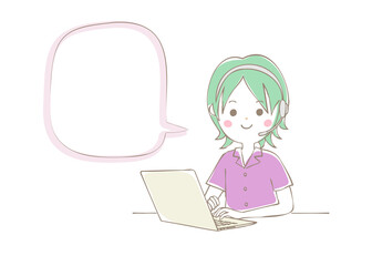 ノートパソコンとヘッドセットで話しながらテレワークの作業をする男性