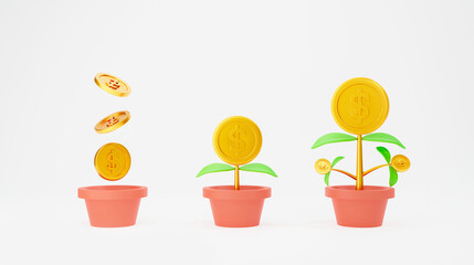 3d render of coin money tree plant in pots. Financial growth.