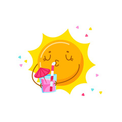 Cute Cartoon Sun Character Drinking Cocktail Isolated on White Background. Kawaii Personage Relaxing on Summer Vacation, Summertime Activity, Resort Spare Time. T-shirt Print. Vector Illustration
