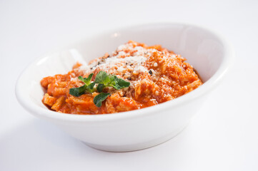tripe with tomato and mint, roman cuisine, Lazio specialty, Italy, isolated on white background
