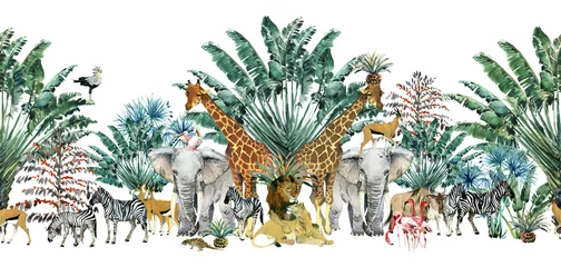 Keuken foto achterwand Vintage botanisch landschap naadloze patroon met safari dieren en palmbomen. Tropische vintage botanische eiland banner. Exotische jungle grens.