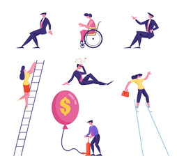 Set of Male and Female Business People Climbing on Ladder, Inflate Balloon with Dollar Sign, Walking on Stilts. Disabled Handicapped Characters Employment, Office Work. Cartoon Vector Illustration