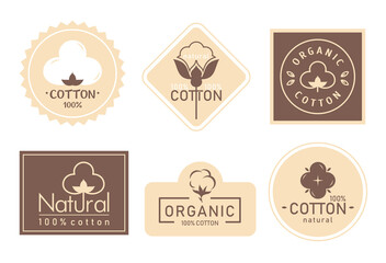 Organic cotton label vector illustration set. Mark logo icons collection with cottonseed branch plant symbol emblem, natural bio organic product, fabric quality fiber for knitting and textile industry