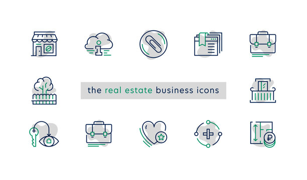 Vector set icons for real estate business in trendy minimal line style. Thin linear commercial estate sign for button UI, mobile app. Contour plan apartment icon. Commercial estate symbols.