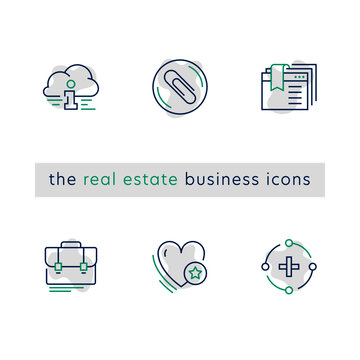 Vector set icons for real estate business in trendy minimal line style. Thin linear commercial estate sign for button UI, mobile app. Contour plan apartment icon. Commercial estate symbols.