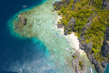 Shimizu Island, El Nido, Palawan, Philippines. Beautiful aerial view of tropical island, sandy beach and coral reef