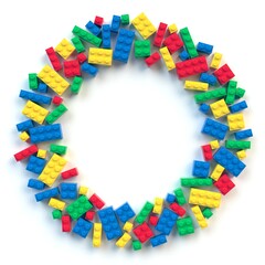Colored toy bricks arranged in circle frame isolated on white background