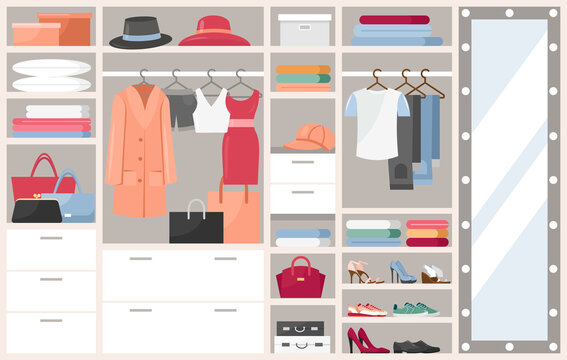 Open Wardrobe With Clothes Vector Illustration. Cartoon Flat Shelves Boxes With Woman Man Things, Shoes Or Hats, Clothing On Hangers In Closet Cupboard. Opened Dressing Room Organization Background