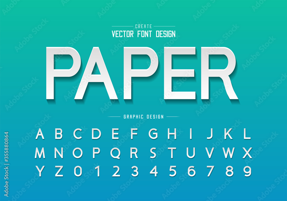 Poster paper cut font and alphabet vector design, design typeface and number, graphic text on background