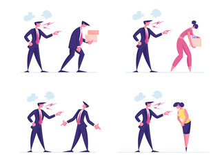 Set Angry Furious Boss Character Scold and Rebuking Incompetent Employee. Dissatisfied Ceo Shouting on Business People and Fire from Workplace, Stress Situation in Office. Cartoon Vector Illustration