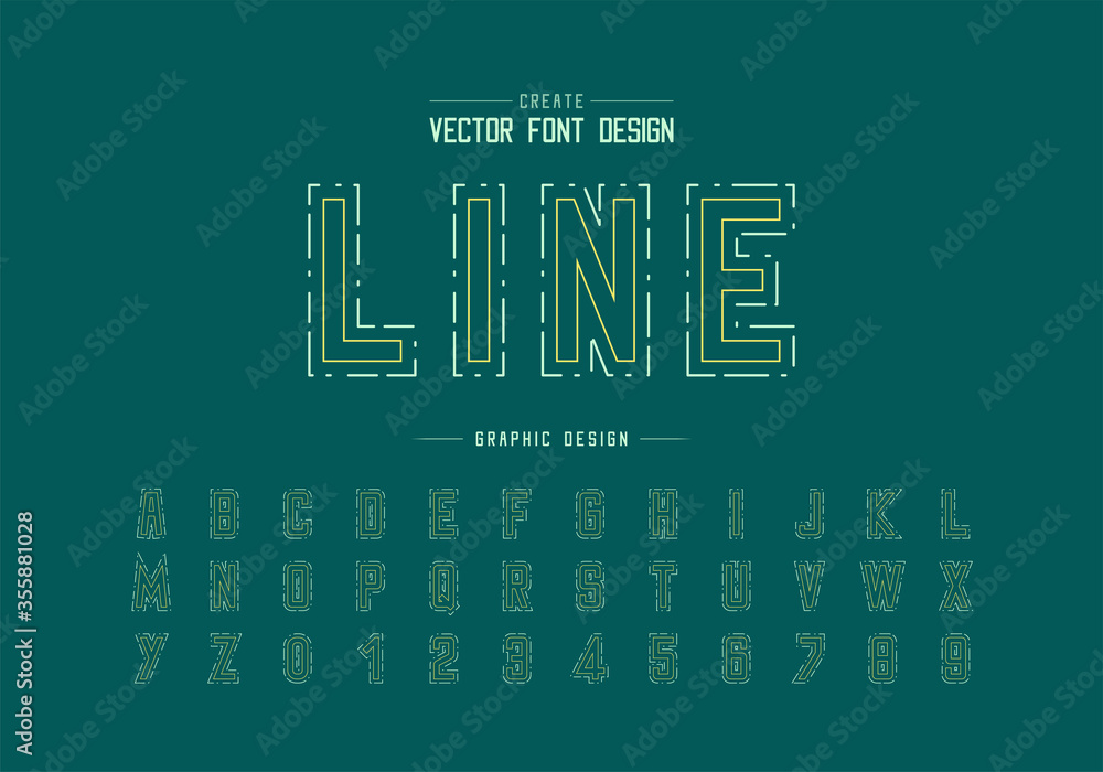Poster bold double line font and alphabet vector, writing typeface and number design and text graphic art d