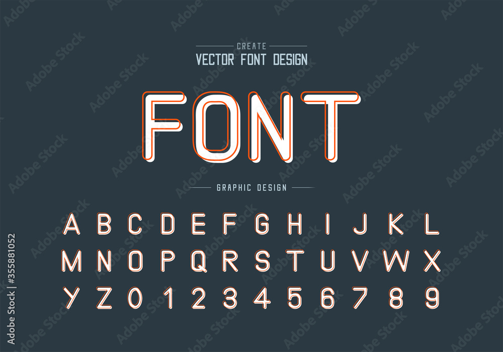 Poster line orange font with white shadow and alphabet vector, typeface letter and number design, graphic t