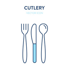 Cutlery icon. Set of vector simple outline illustrations of fork, knife and spoon in white background. Represents a concept of serving food, tableware, kitchen, restaurant or canteen symbol or logo