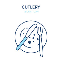 Cutlery icon. Set of vector simple outline illustrations of fork a knife on the platein white background. Represents a concept of serving food, tableware, kitchen, restaurant or canteen symbol or logo