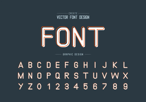 Line orange font with white shadow and alphabet vector, Typeface letter and number design, Graphic text on background