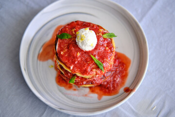 Homemade Pancake with Ricotta Cheese and Strawberry Sauce