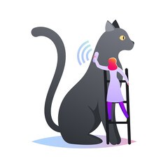 Tiny Female Character Stand on Ladder Put Collar with GPS Tracker on Huge Cat for Controlling Position and Location of Domestic Animal. Owner Care of Pet, Technology. Cartoon Vector Illustration