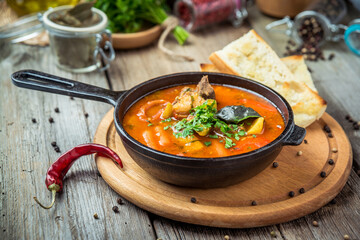 Hungarian soup goulash bograch with dumplings.