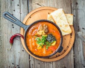 Hungarian soup goulash bograch with dumplings.
