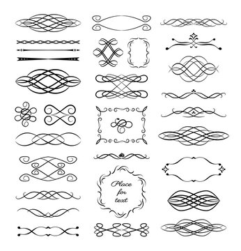 Ornamental borders and flourish corners, royal ornament swirls and vector vintage page dividers. Classical decoration elements illustration.