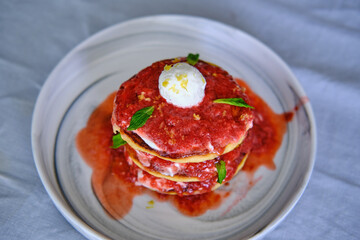 Homemade Pancake with Ricotta Cheese and Strawberry Sauce