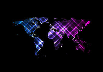 Bright glowing neon blue and purple abstract world map on night. Vector background