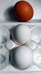 Chicken eggs in the tray. White and yellow eggs in factory packaging. Vertical background.